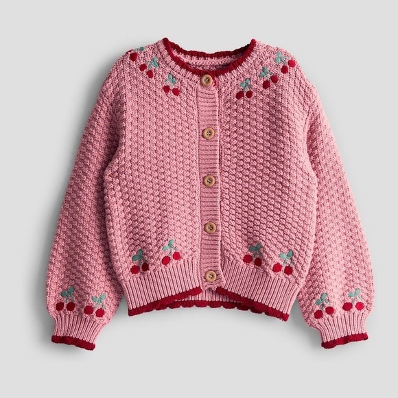 JoJo Maman Bebe Other - JoJo Maman Bébé Pink Cherry Textured Knit Embroidered Cardigan 6-7Y